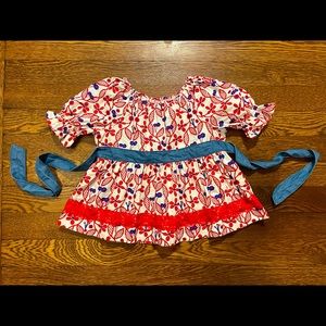 Matilda Jane Red White & Blue Flower Shirt w Lace Bottom & Denim Size 2T